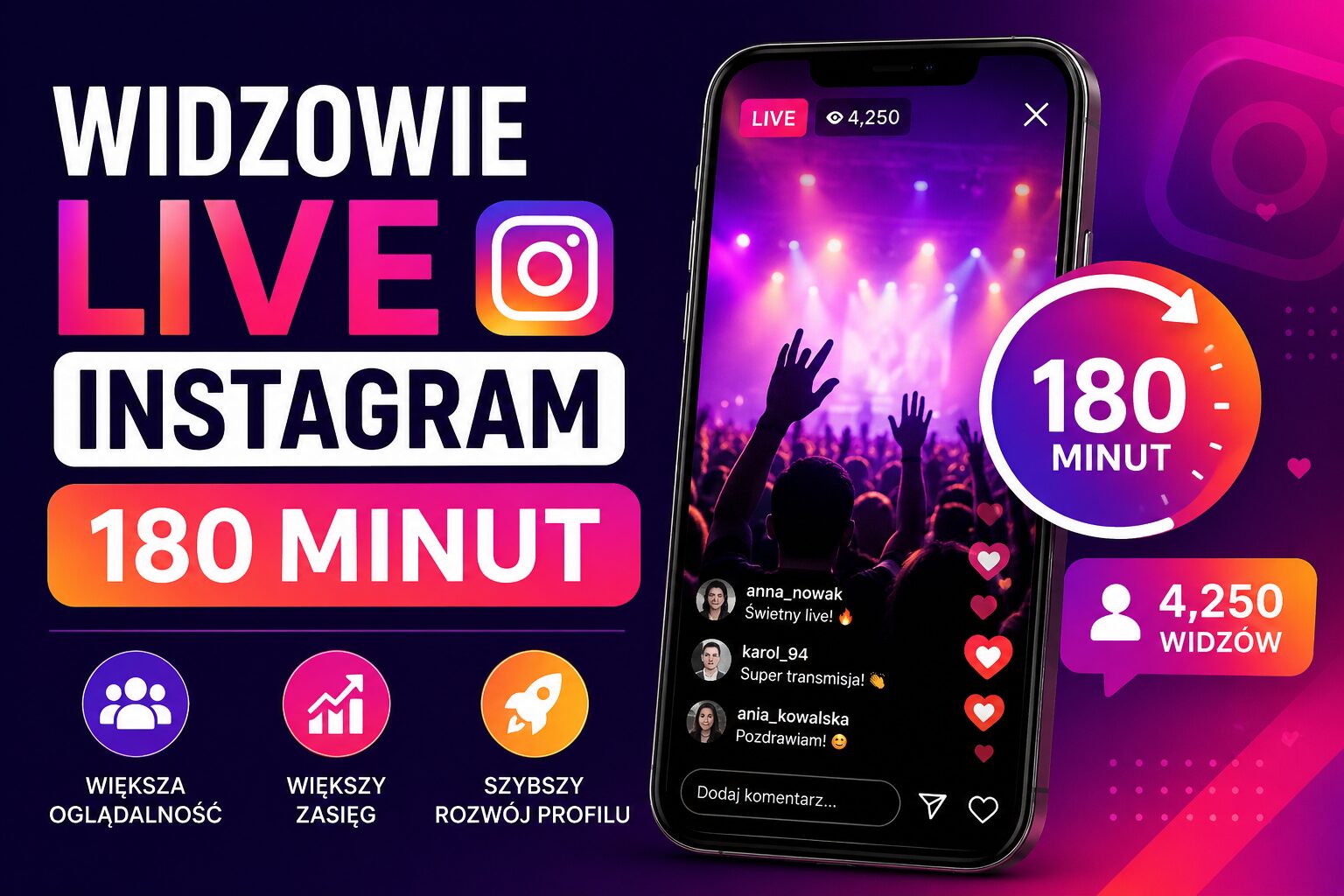 Widzowie Live Instagram 180 minut zwiększający oglądalność transmisji na żywo